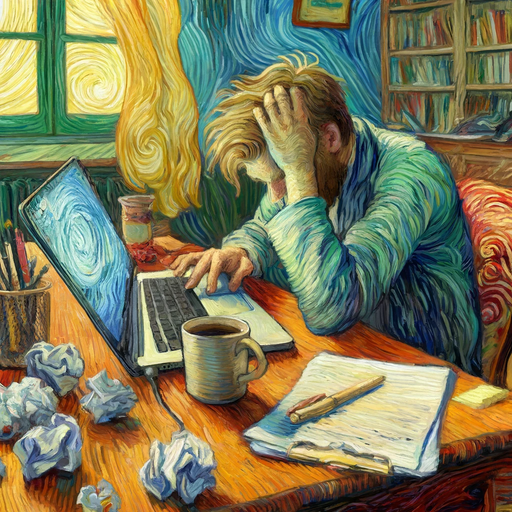 Vincent Van Gogh struggling to work at a computer